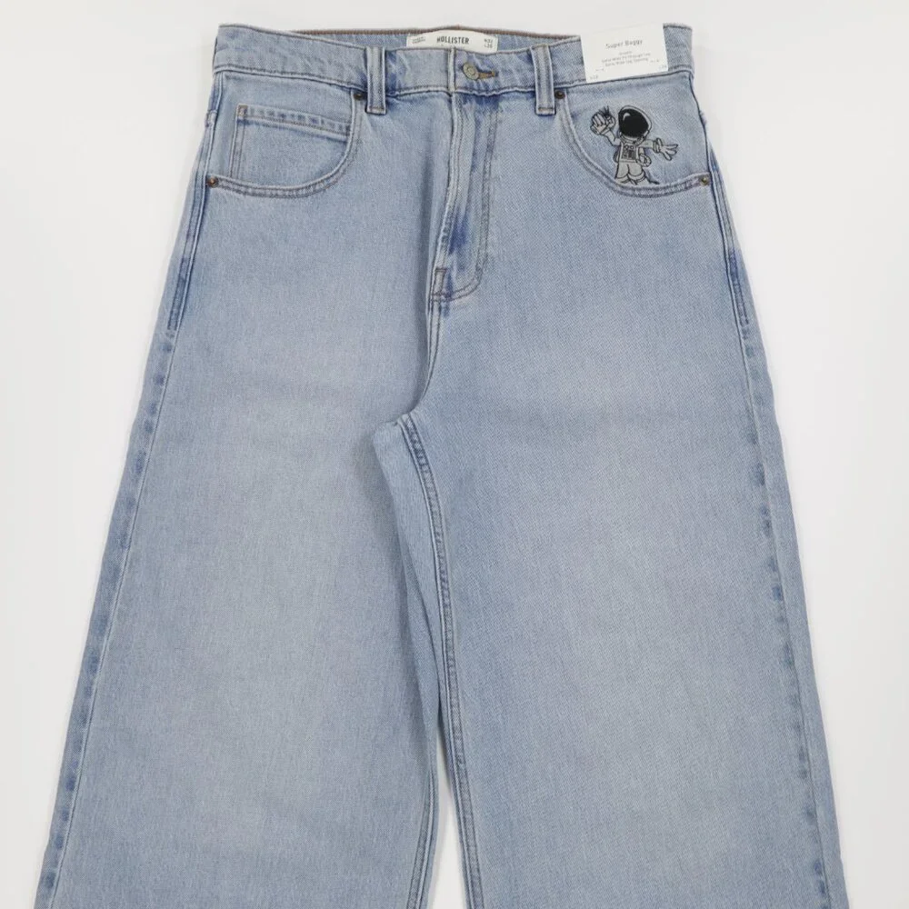 Hollister Men‎ Astronaut Embroidered Supper Baggy Denim Jeans Light Blue W33 L32